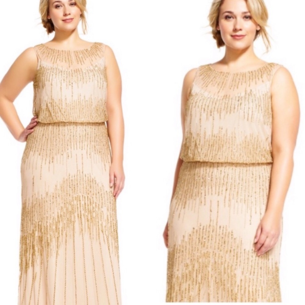 Adrianna papell Champagne/gold fully beaded sheer neckline and fringes gown - Picture 4 of 11